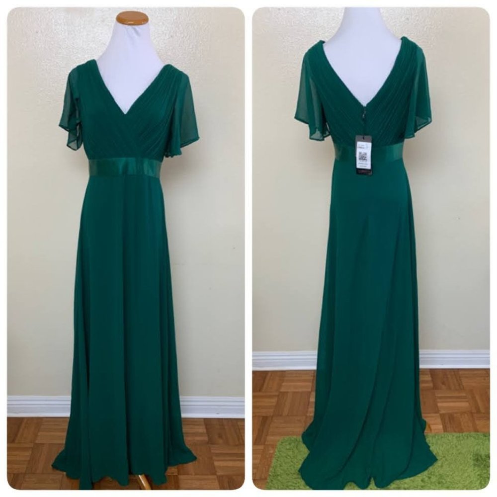 Ever-Pretty V-Neck Flutter Sleeve Chiffon Evening MTB Gown Size 6 Dark Green
